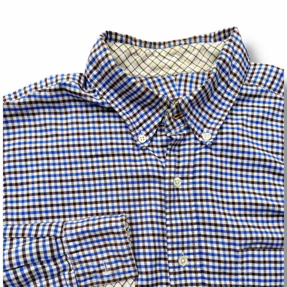 J. McLaughlin Trim Fit Button Down Shirt Men's M Blue‎ Brown Gingham 100% Cotton